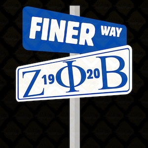 Op de afbeelding: Ontwerp van een straatnaambord met twee borden. Het bovenste bord is blauw met witte tekst: "FINER WAY". Het onderste bord is wit met blauwe tekst: "Z 19Φ20B".