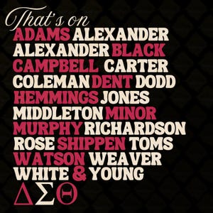 May include: A black and white image with the text "That's on" followed by a list of names in red and white text. The names are: Adams Alexander, Alexander Black, Campbell Carter, Coleman Dent Dodd, Hemmings Jones, Middleton Minor, Murphy Richardson, Rose Shippen Toms, Watson Weaver, White & Young. The image also includes the Greek letters Delta Sigma Theta in red and white.