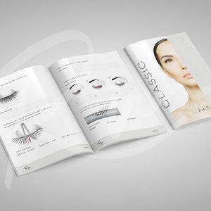 Könnte beinhalten: Offenes Buch mit weißem Hintergrund und schwarzem Text. Das Buch trägt den Titel "Classic Lash Training Test". Die linke Seite zeigt Illustrationen von Wimpern und die rechte Seite zeigt eine Frau mit langen Wimpern.