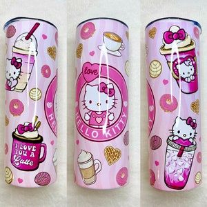 Cat tumbler, cartoon cat tumbler, pink tumbler, coffee tumbler, cafecito tumbler, gift for her tumbler, tumbler with lid and straw, custom