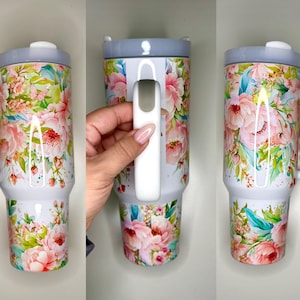 40oz H2 floral tumbler, pretty tumbler, floral tumbler, pink tumbler, 40 oz , coffee tumbler, tumbler with straw and lid, gift for her