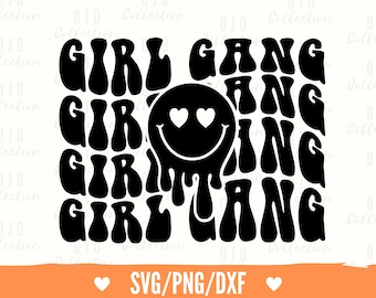 May include: Black and white graphic design with the text "Girl Gang" in a retro font. A smiley face with hearts for eyes is in the center of the design.