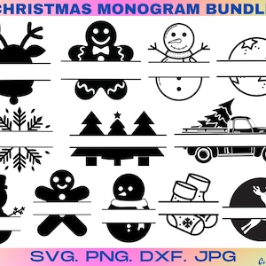 Monogramme de Noël SVG Bundle, Monogramme de Noël divisé, Cadre de nom de Noël SVG, Noël SVG, Monogramme SVG, Noël Png
