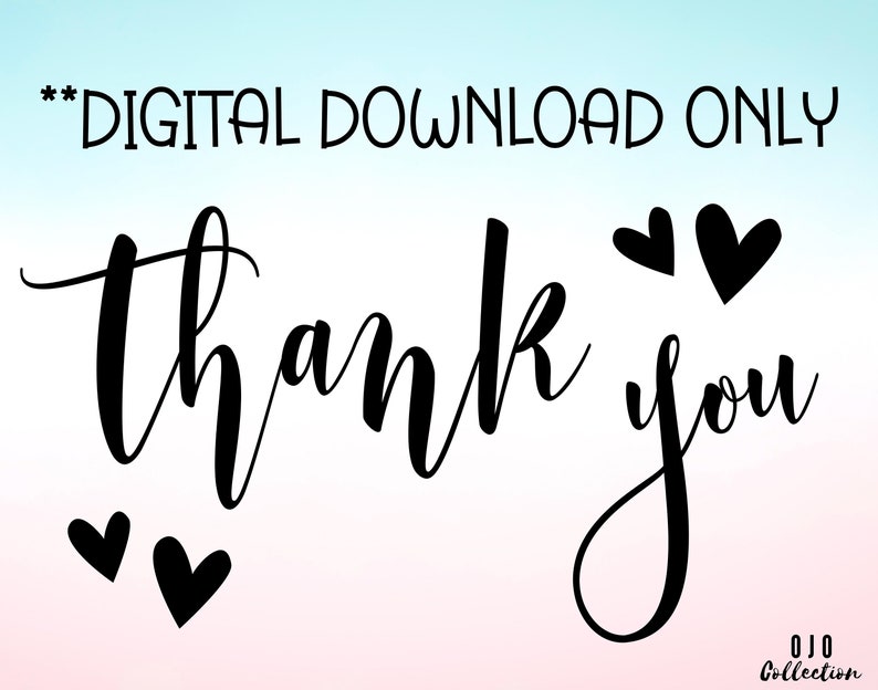 Op de afbeelding: Zwart-witte digitale download-bedanktkaart met harten en de tekst "**ALLEEN DIGITALE DOWNLOAD**" en "OJO Collection".