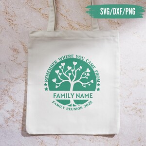 May include: A white tote bag with a green tree design and the text "Remember Where You Came From" and "Family Name Family Reunion 2025". The bag also has the text "SVG/DXF/PNG".