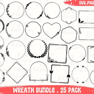 Op de afbeelding: Een set van 25 zwarte en witte SVG-snijbestanden voor kransen en frames. De frames zijn in verschillende vormen, waaronder cirkels, vierkanten, rechthoeken, harten en zeshoeken. Sommige frames zijn versierd met bladeren en bloemen.