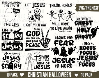 May include: A black and white digital design pack with 10 Christian Halloween themed images. The images feature ghosts, skeletons, and crosses with phrases like "Let Jesus Light Your Way", "Life is Scary Without Jesus", and "My Favourite Ghost is the Holy Ghost".