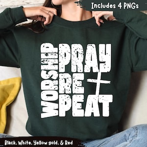 Retro Christian Sublimation Design: Worship Pray Repeat (PNG Digital Download)