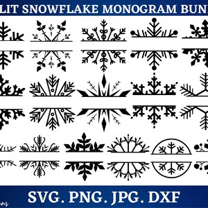 Pode incluir: Um conjunto de 20 designs de monograma dividido em forma de floco de neve em preto e branco. Os designs são perfeitos para criar monogramas personalizados para as festas de inverno, presentes e artesanato.