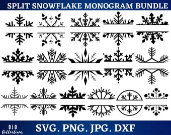 Snowflake Monogram SVG Bundle, Split Snowflake SVG, Winter SVG, Christmas Name Frame Svg, Snowflake Frame, Christmas Svg