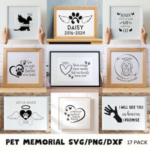 Könnte beinhalten: Eine Sammlung gerahmter Gedenkkunst-Drucke für Haustiere. Jeder Druck zeigt ein schwarz-weißes Design mit Text und Grafiken, darunter Engelsflügel, Pfotenabdrücke und Tiernamen. Die Drucke werden in verschiedenen Holz- und weißen Rahmen angezeigt.
