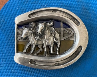 Vintage 1984 Bergamot Brass Bulldogging Horseshoe Belt  display picture 3