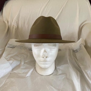 May include: A green felt fedora hat with a brown leather band.