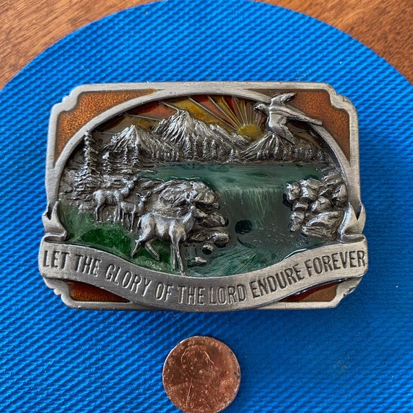 Vintage (1983) Richly Detailed Siskiyou Buckle Company "Let the Glory of the Lord Endure Forever" Belt Buckle