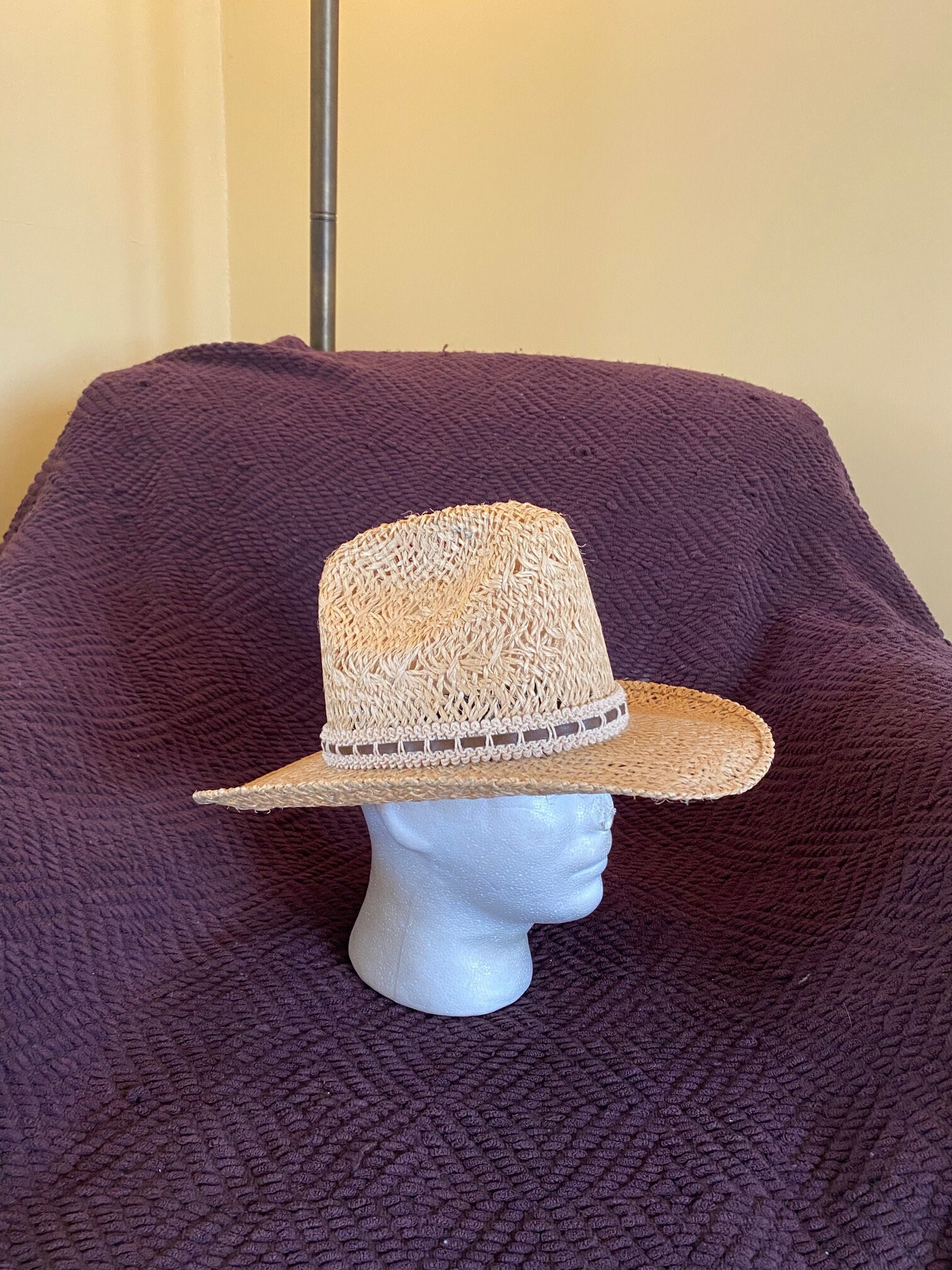 Vintage Bailey Straw Western Hat With Macrame Band, Boho 