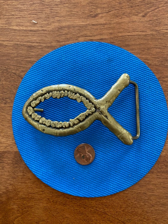 Vintage (1970s?) Solid Brass Ichthys Belt Buckle Gem