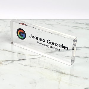 Custom Logo Desk Name Plate | Clear Acrylic Office Sign | Corporate Executive Gift & Boss Plaque