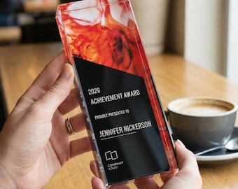 Targa premio in acrilico personalizzata con logo / Trofeo moderno di apprezzamento per i dipendenti per l'anniversario del personale e del lavoro