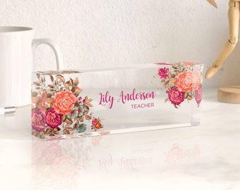 Rose Gold Floral Desk Name Plaque | Christmas Gift for Her | Personalized Name Sign - Name Plaque | Office Decor