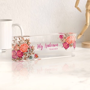 Placa con nombre para escritorio con diseño floral en oro rosa / Regalo de Navidad para ella / Letrero con nombre personalizado - Placa con nombre / Decoración de oficina