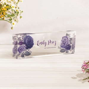 Custom Acrylic Desk Name Block | Purple Floral Office Plaque | Veterinarian & Doctor Gift