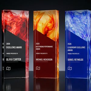May include: Three rectangular acrylic awards. The first is red, the second is orange, and the third is blue. Each award has a black diagonal section with white text that reads "2026 Excellence Award", "Outstanding Performance Award", and "Leadership Excellence Award".