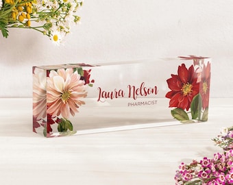Personalized Acrylic Desk Name Plate: Floral Office Decor