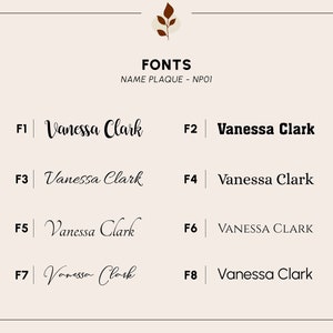 Peut inclure: Huit styles de police diff&eacute;rents pour une plaque de nom, &eacute;tiquet&eacute;s de F1 &agrave; F8. Le nom "Vanessa Clark" est affich&eacute; dans chaque style de police.