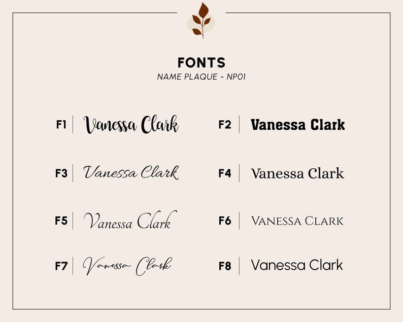 Peut inclure: Huit styles de police diff&eacute;rents pour une plaque de nom, &eacute;tiquet&eacute;s de F1 &agrave; F8. Le nom "Vanessa Clark" est affich&eacute; dans chaque style de police.