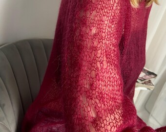 Burgundowy sweter z moheru z koronkowymi rękawami, luźny sweter raglanowy w kolorze jagodowym, prześwitujący, puszysty sweter z motywem pajęczyny, przytulny prezent na jesień i zimę dla niej