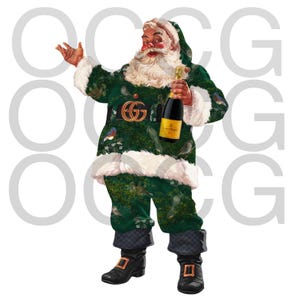May include: A digitally created image of Santa Claus in a green suit with white fur trim, holding a champagne bottle. The suit features a gold double-G logo and bird and floral patterns. Santa's boots are black with gold buckles.
