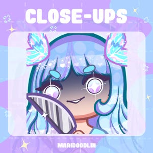 May include: A cartoon character with blue hair and butterfly hair clips holds a silver knife with a black handle. The character has large, sparkling eyes and a mischievous smile. The background is a light purple and blue gradient.