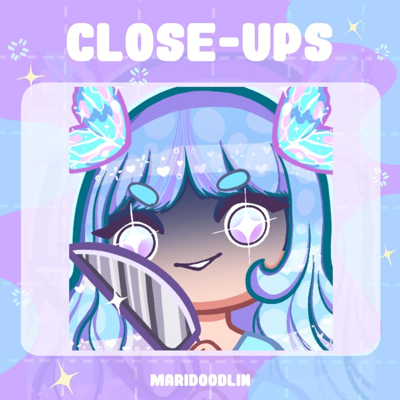 May include: A cartoon character with blue hair and butterfly hair clips holds a silver knife with a black handle. The character has large, sparkling eyes and a mischievous smile. The background is a light purple and blue gradient.