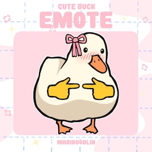 May include: A cartoon duck emote with a pink bow, blushing cheeks, and yellow gloves, pointing at itself. The text "CUTE DUCK EMOTE" is above the duck, and the artist's name, "MARIDOODLIN," is below. The background is pink.