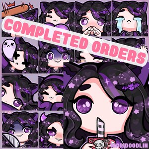 May include: A set of nine purple and black animated character emoticons with different expressions. The character has large eyes, black hair, and bat ears. The character is wearing a black and purple outfit. The emoticons include expressions such as smiling, crying, and winking.