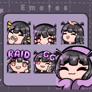 May include: Set of five animated Twitch emotes featuring a cartoon character with black hair, purple eyes, and bat ears. The emotes show the character with different expressions, including laughing, surprised, and winking. The emotes also include text such as "RAID" and "GG".