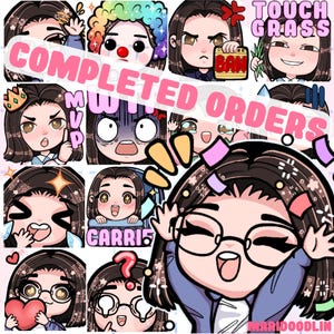 May include: A set of 10 digital cartoon stickers featuring a young woman with different expressions and accessories. The stickers include a crown, a rainbow wig, glasses, and a speech bubble that says "CARRIED". The text "COMPLETED ORDERS" is written in pink letters across the top of the image.