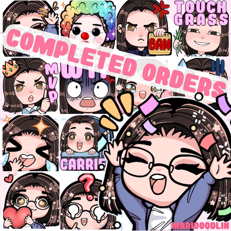 May include: A set of 10 digital cartoon stickers featuring a young woman with different expressions and accessories. The stickers include a crown, a rainbow wig, glasses, and a speech bubble that says "CARRIED". The text "COMPLETED ORDERS" is written in pink letters across the top of the image.