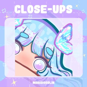 May include: Close-up of a cartoon character with blue hair and a butterfly on the side of their head. The character has large, blue eyes with purple highlights. The background is a light purple with a white border.