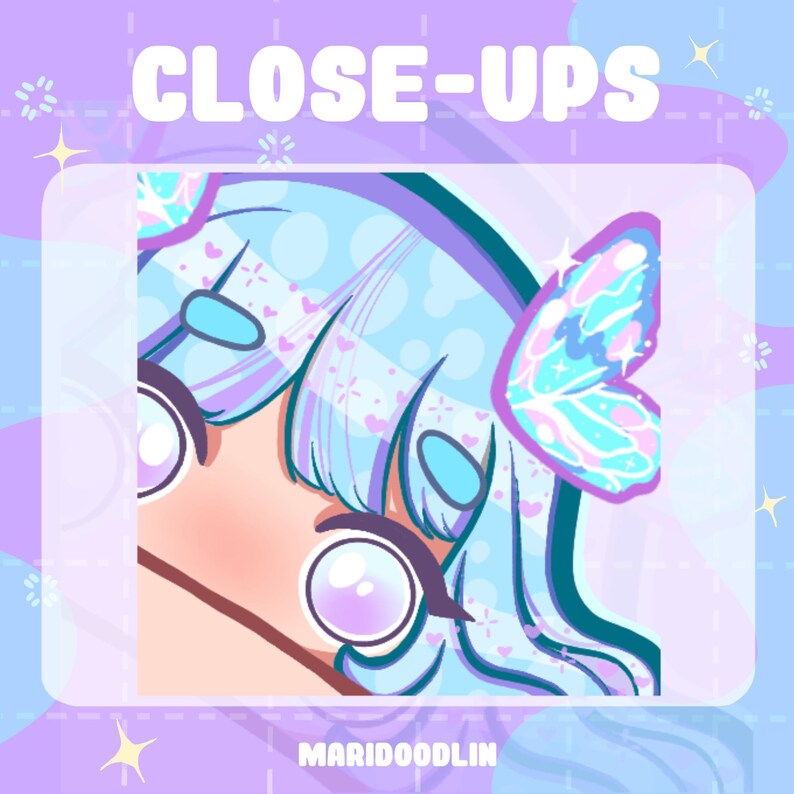 May include: Close-up of a cartoon character with blue hair and a butterfly on the side of their head. The character has large, blue eyes with purple highlights. The background is a light purple with a white border.