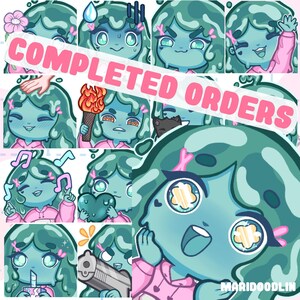 May include: A set of 10 digital stickers featuring a green slime character with different expressions and accessories. The character is wearing a pink hoodie and has a pink bow in her hair. The stickers include the character holding a flower, a torch, a heart, a gun, and a drink. The character is also shown with different facial expressions, including surprised, happy, and sad. The text "COMPLETED ORDERS" is written across the top of the image.