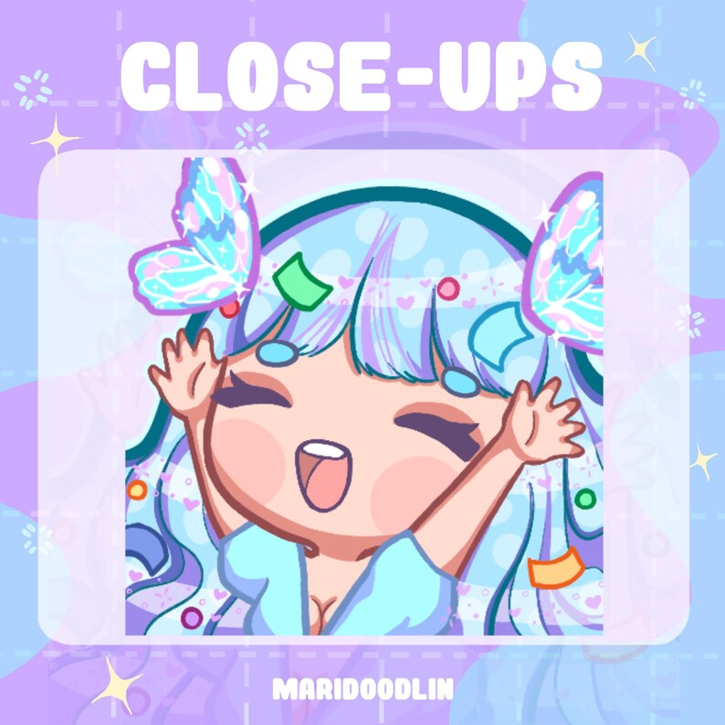 May include: A digital illustration of a cartoon character with blue hair and wings, wearing a light blue dress. The character is smiling and has their arms raised in the air. The background is a light purple and blue gradient with confetti and hearts.