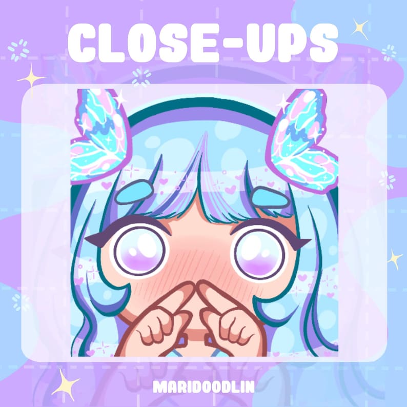 May include: A cartoon illustration of a character with blue hair and large eyes. The character is wearing a purple headband with butterfly wings on each side. The character is making a heart shape with their hands.