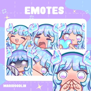 May include: Set of six digital illustrations of a cartoon character with blue hair and butterfly wings. The character is shown with different expressions, including happy, crying, surprised, and blushing.