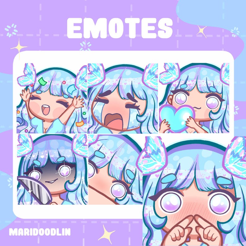May include: Set of six digital illustrations of a cartoon character with blue hair and butterfly wings. The character is shown with different expressions, including happy, crying, surprised, and blushing.