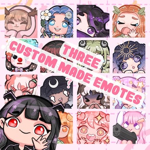 May include: A set of 12 custom-made animated emotes featuring various characters with different expressions and styles. The emotes are designed in a cartoon style with bright colors and playful details. The text "THREE CUSTOM MADE EMOTES" is displayed across the image.