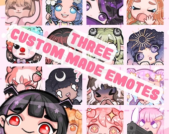 May include: A set of 12 custom-made animated emotes featuring various characters with different expressions and styles. The emotes are designed in a cartoon style with bright colors and playful details. The text "THREE CUSTOM MADE EMOTES" is displayed across the image.