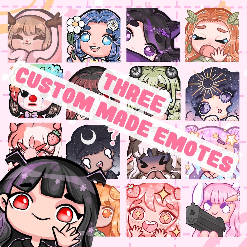 May include: A set of 12 custom-made animated emotes featuring various characters with different expressions and styles. The emotes are designed in a cartoon style with bright colors and playful details. The text "THREE CUSTOM MADE EMOTES" is displayed across the image.