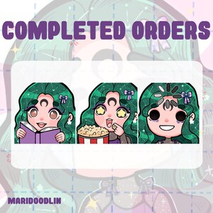 May include: Three cartoon illustrations of a green-haired character with a crescent moon on their forehead. The first illustration shows the character reading a book. The second illustration shows the character eating popcorn. The third illustration shows the character with a loading symbol over their head.