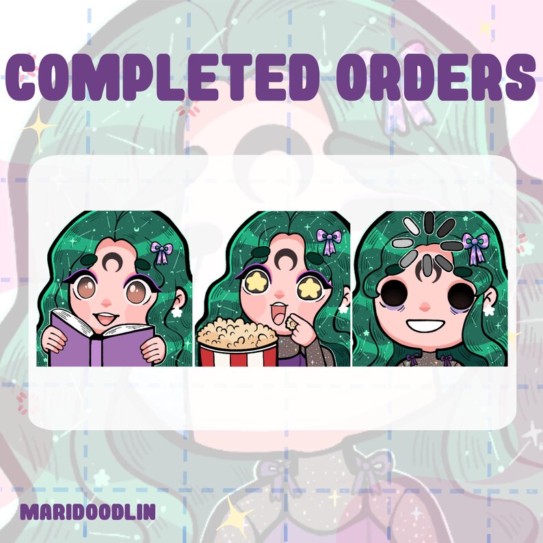 May include: Three cartoon illustrations of a green-haired character with a crescent moon on their forehead. The first illustration shows the character reading a book. The second illustration shows the character eating popcorn. The third illustration shows the character with a loading symbol over their head.